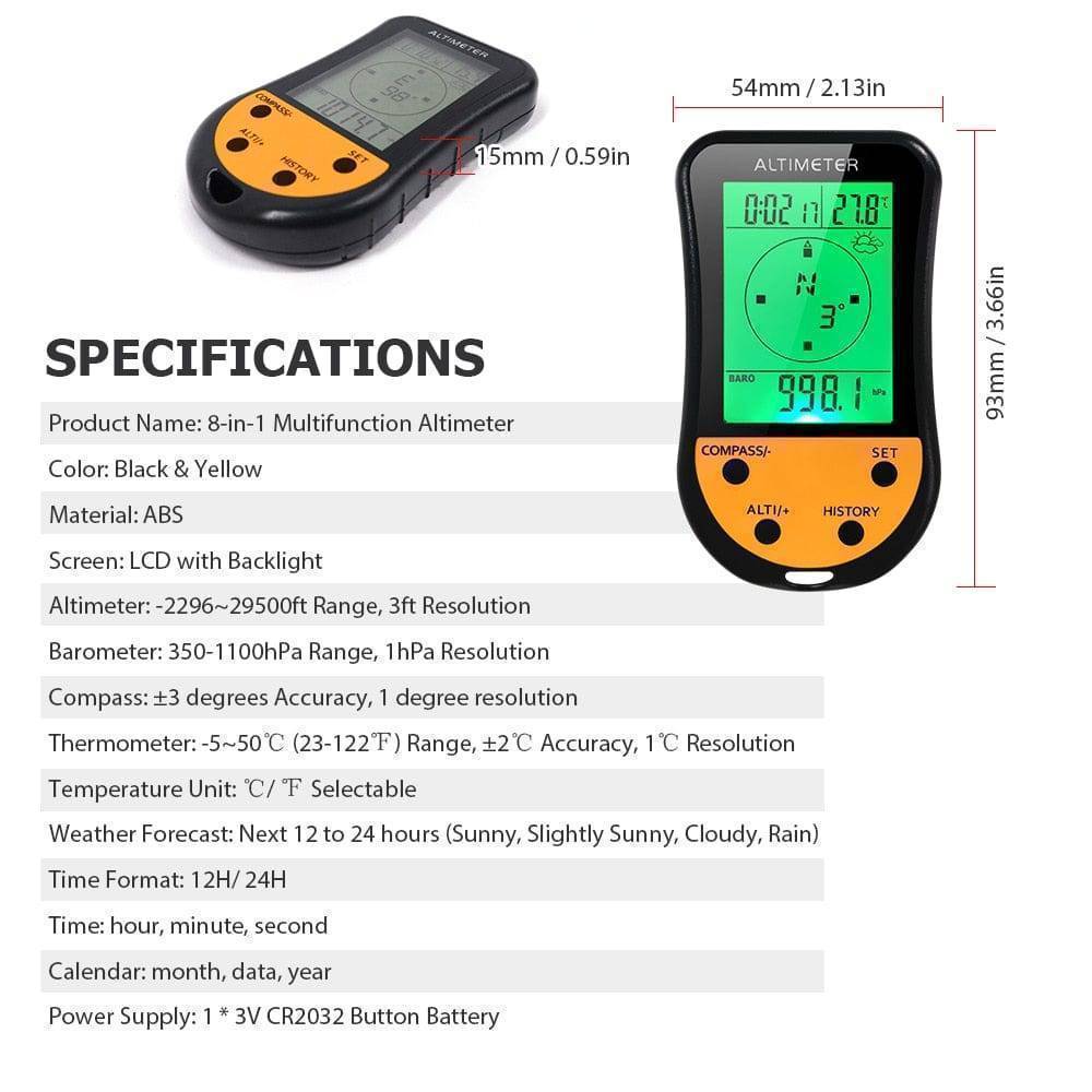 Digital Altimeter with Barometer, Compass, and 8 Functions