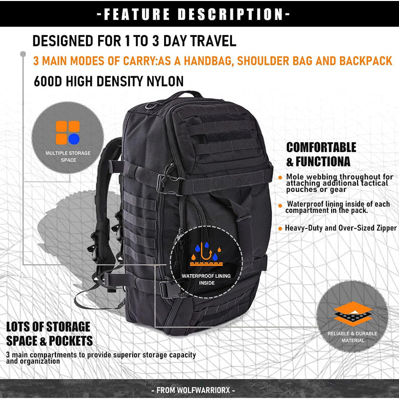Waterproof Military Duffel Backpack - 3-in-1 Travel Gym Bag