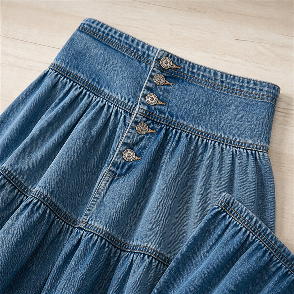 VeranoMist™ – Bohemian Tiered Denim Maxi Skirt with Vintage Button Front