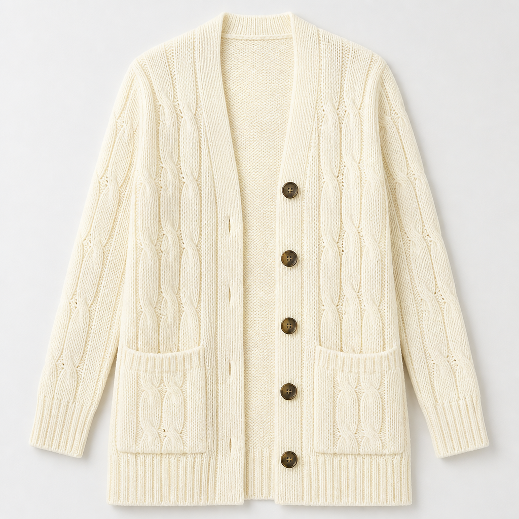 BorellaKnit™ – Chunky Cable Knit Button-Front Cardigan with Front Pockets