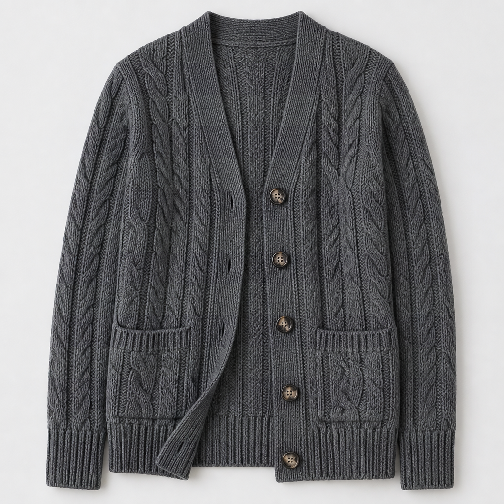 BorellaKnit™ – Chunky Cable Knit Button-Front Cardigan with Front Pockets