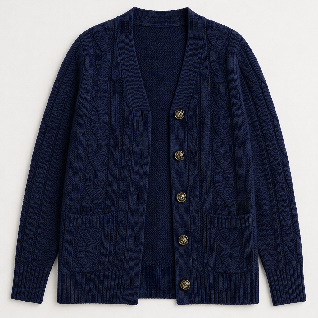 BorellaKnit™ – Chunky Cable Knit Button-Front Cardigan with Front Pockets