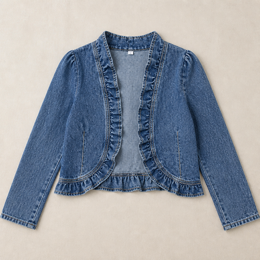 Denim Freedom™ – Lightweight Open-Front Denim Jacket with Ruffle Trim
