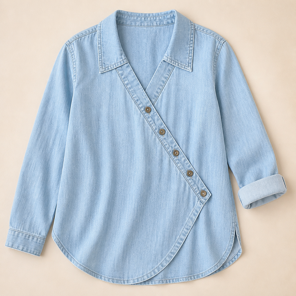 SerenaSway™ – Relaxed Asymmetric Button Denim Blouse with Lapel Collar