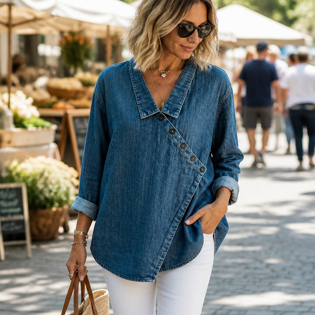 SerenaSway™ – Relaxed Asymmetric Button Denim Blouse with Lapel Collar