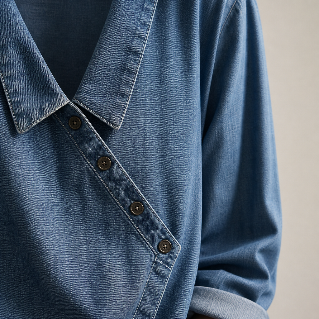 SerenaSway™ – Relaxed Asymmetric Button Denim Blouse with Lapel Collar