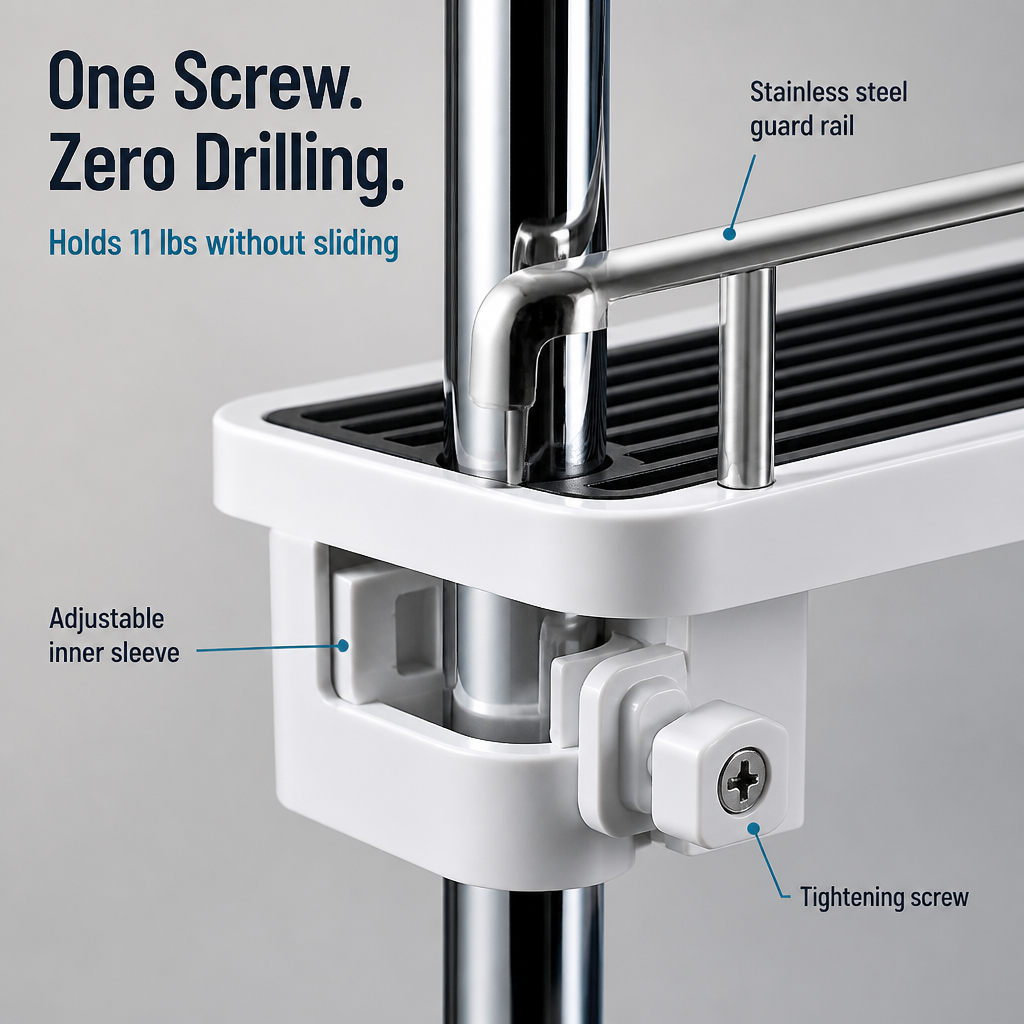 AquaNest™ — Clip One Adjustable Tray Onto Your Shower Pipe, No Drilling