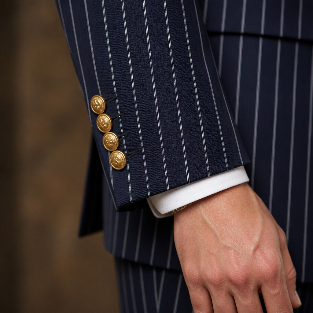Voltura™ – Pinstripe Double-Breasted Suit with Peaked Lapels