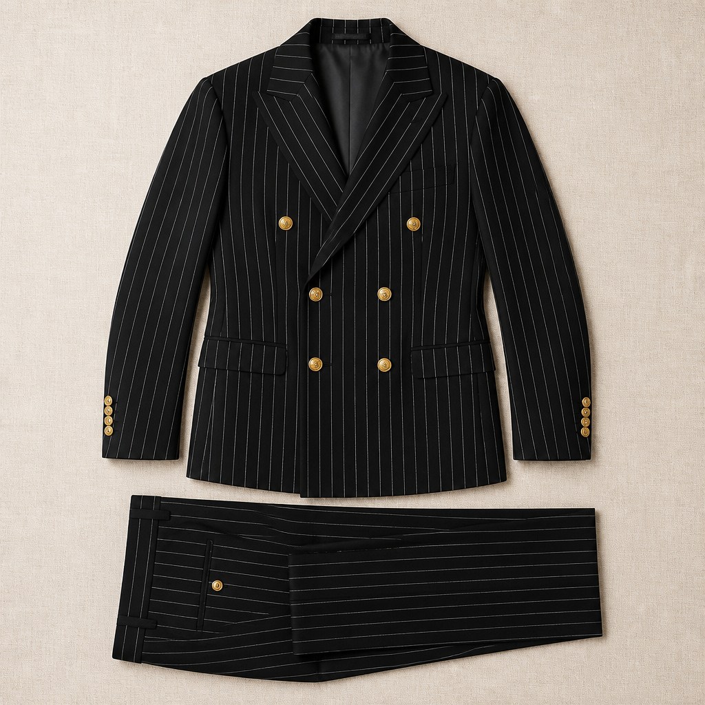 Voltura™ – Pinstripe Double-Breasted Suit with Peaked Lapels