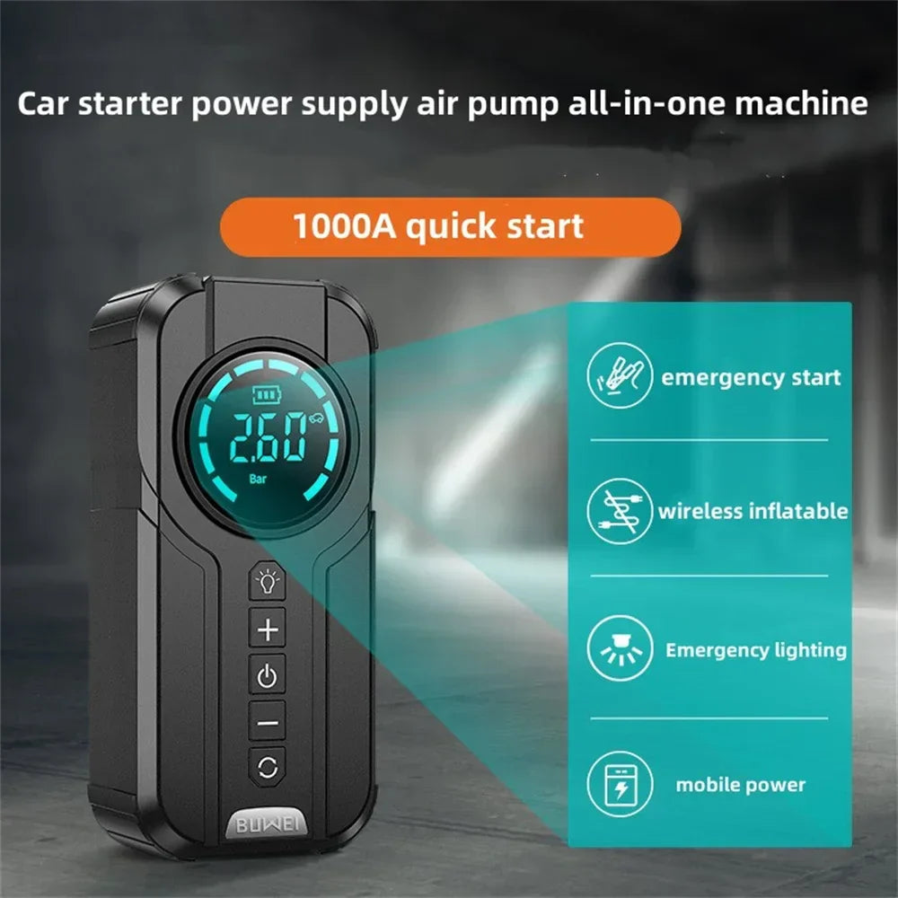 4-in-1 Car Battery Booster with Tire Pump and Power Bank