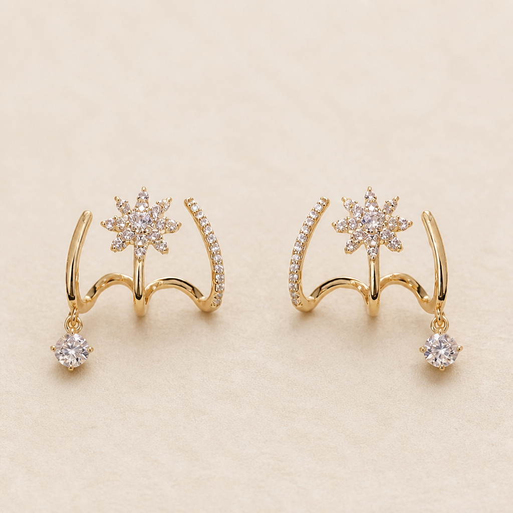 LumaVive™ – Sparkling Starburst Cuff Earrings with Multi-Piercing Illusion