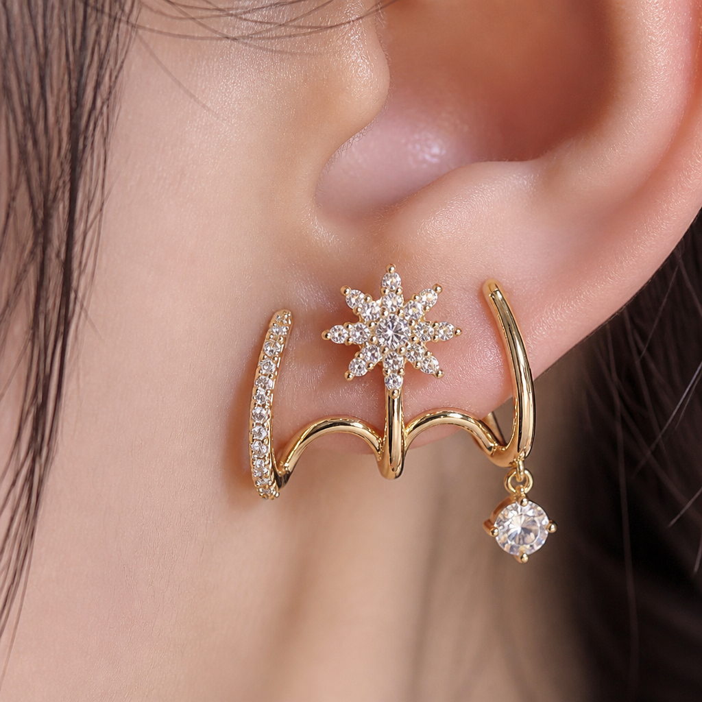 LumaVive™ – Sparkling Starburst Cuff Earrings with Multi-Piercing Illusion