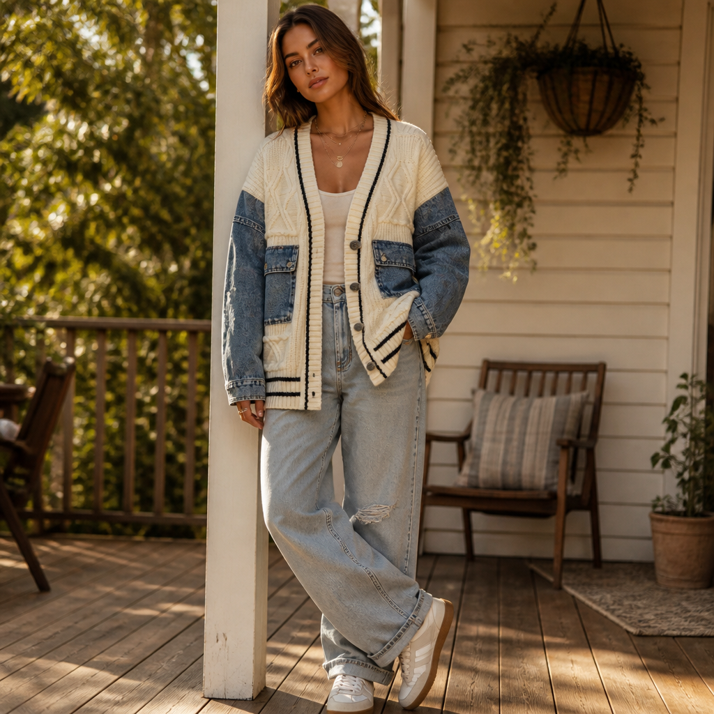 Vintora™ – Oversized Cable Knit Cardigan with Denim Patchwork Sleeves