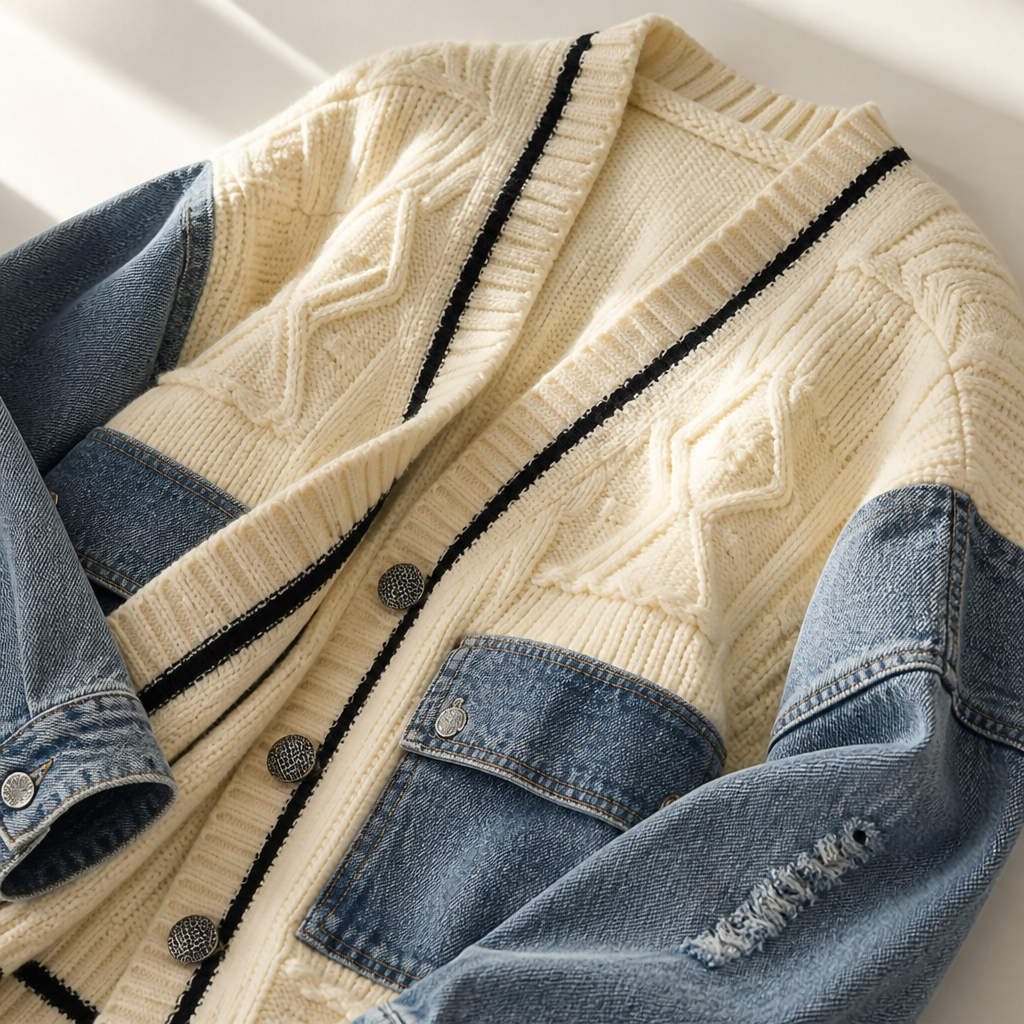 Vintora™ – Oversized Cable Knit Cardigan with Denim Patchwork Sleeves