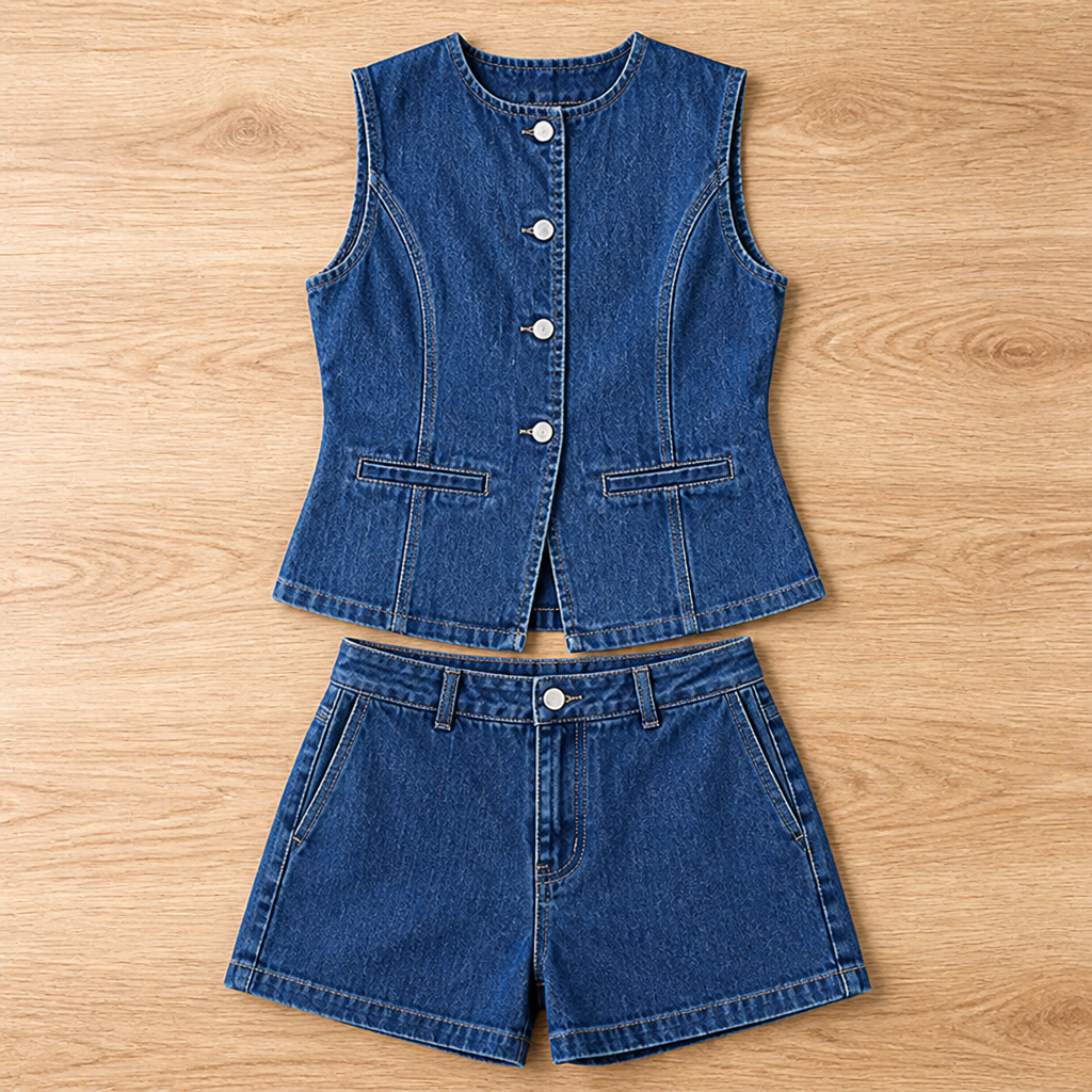 MarzaBelle™ – Tailored Sleeveless Denim Top and Shorts Co-Ord Set