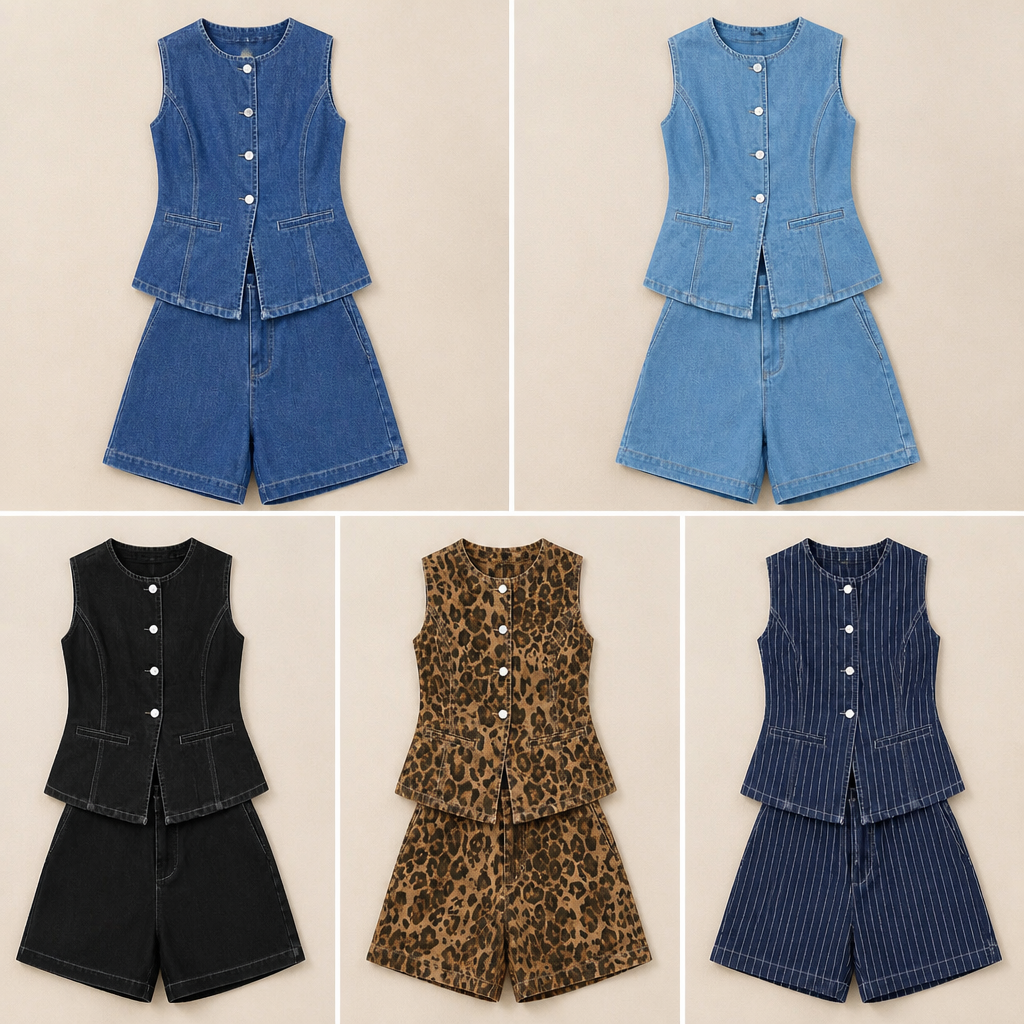 MarzaBelle™ – Tailored Sleeveless Denim Top and Shorts Co-Ord Set