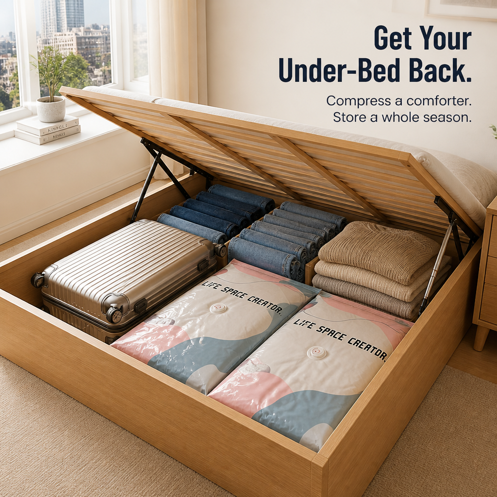 SwiftSpace™ — Compress Comforters, Coats & Bedding to a Fifth Their Size, Pump-Free