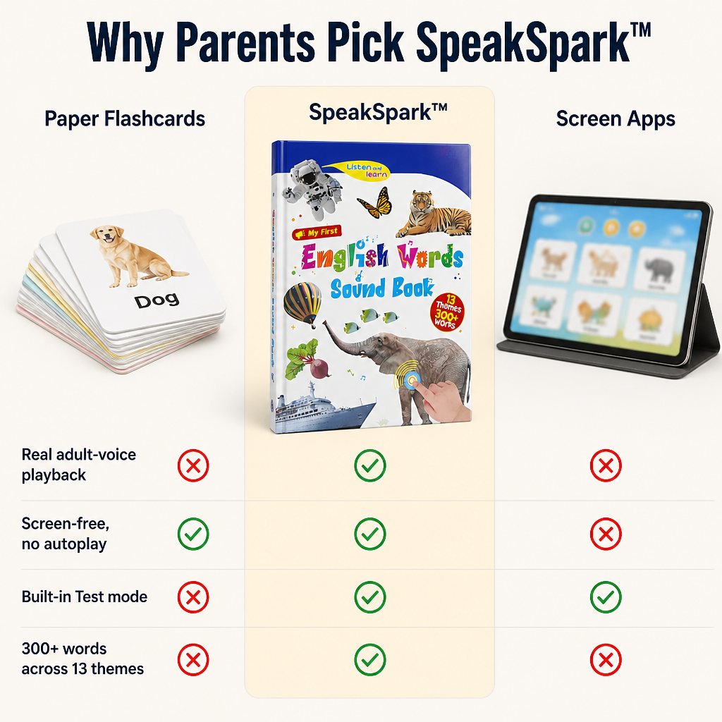 SpeakSpark™ — Swap Screen Time for 300+ English Words Kids Tap and Repeat