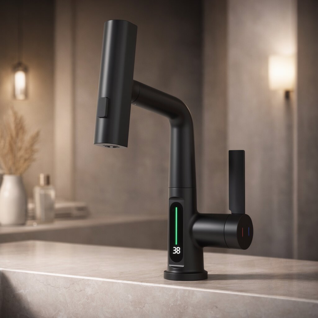 Retractable Kitchen Faucet with LED Light and 5 Spray Options