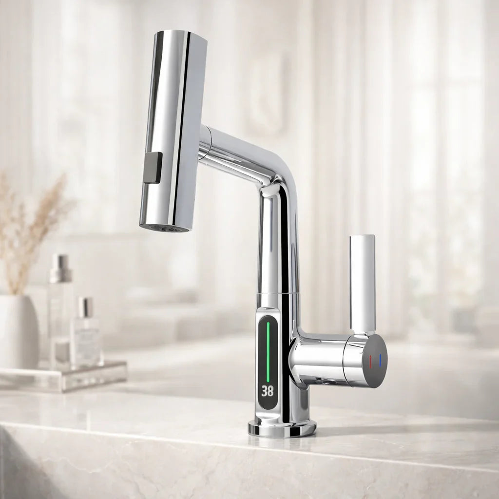 Retractable Kitchen Faucet with LED Light and 5 Spray Options