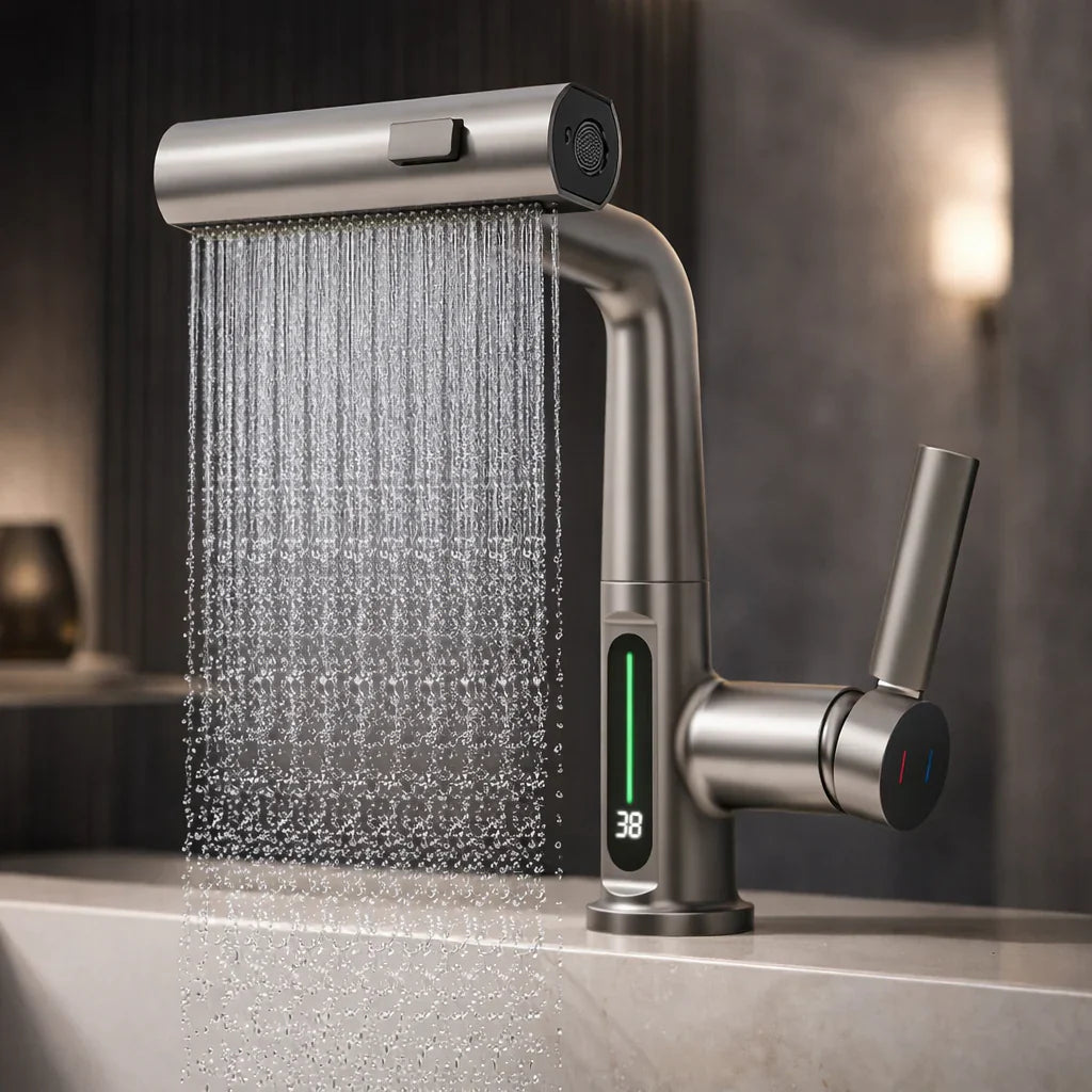 Retractable Kitchen Faucet with LED Light and 5 Spray Options