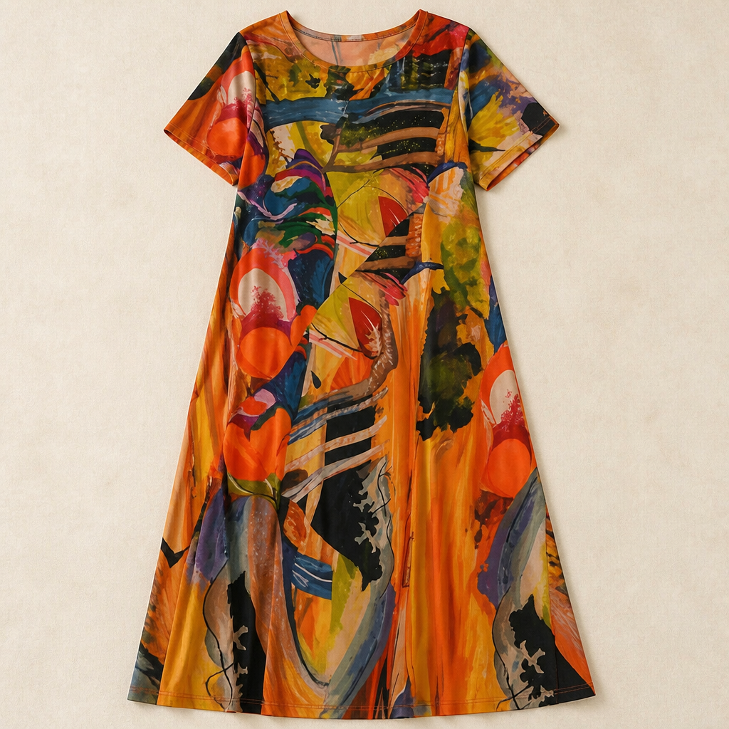 ZephyraWave™ – Flowy Bohemian Abstract Print Summer Dress