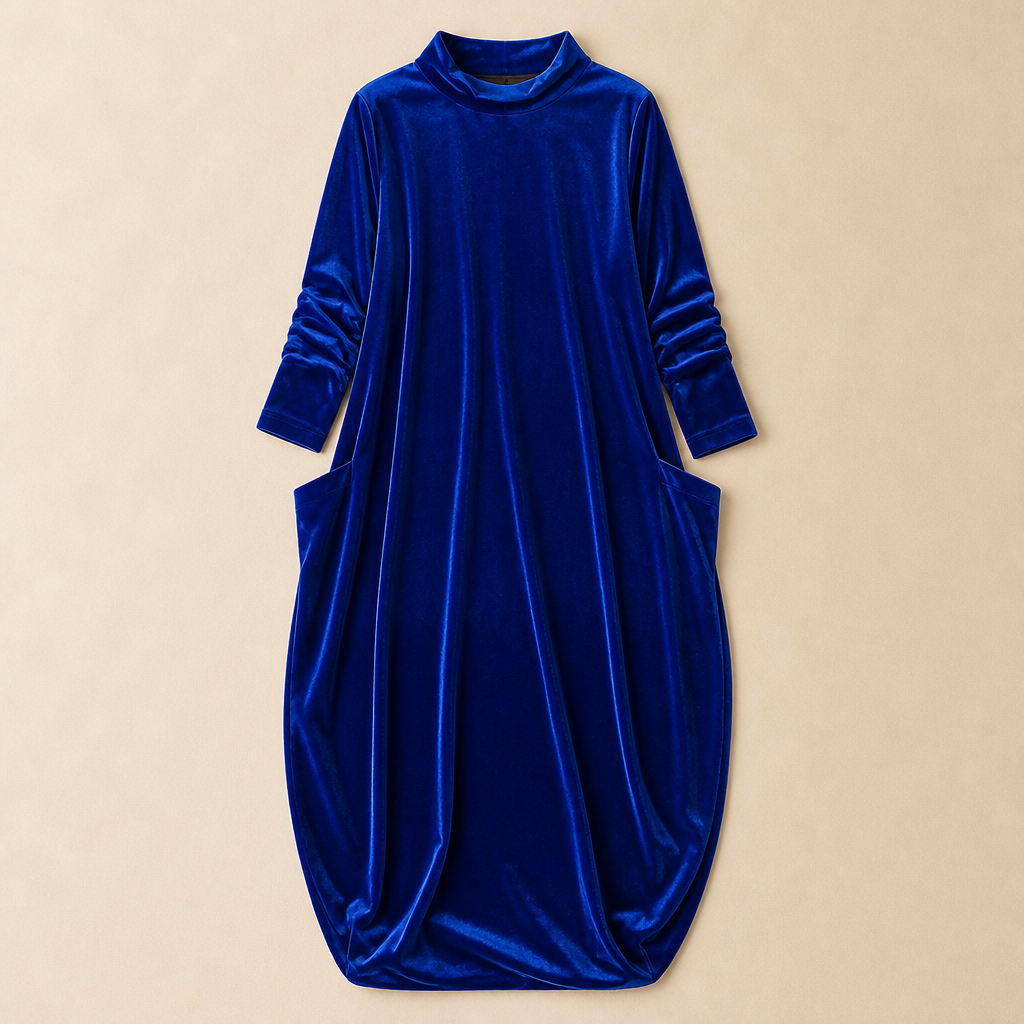 VioraForm™ – Velvet Mock-Neck Cocoon Maxi Dress with Side Pockets