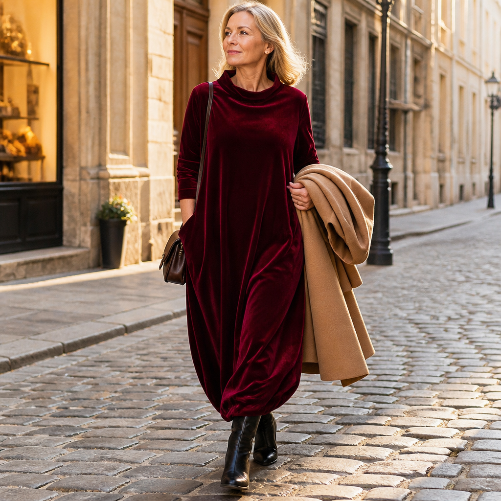 VioraForm™ – Velvet Mock-Neck Cocoon Maxi Dress with Side Pockets