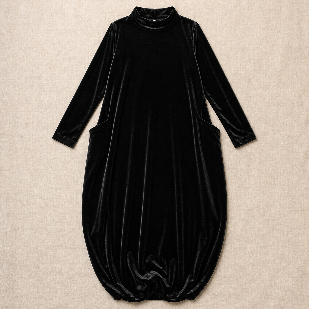 VioraForm™ – Velvet Mock-Neck Cocoon Maxi Dress with Side Pockets
