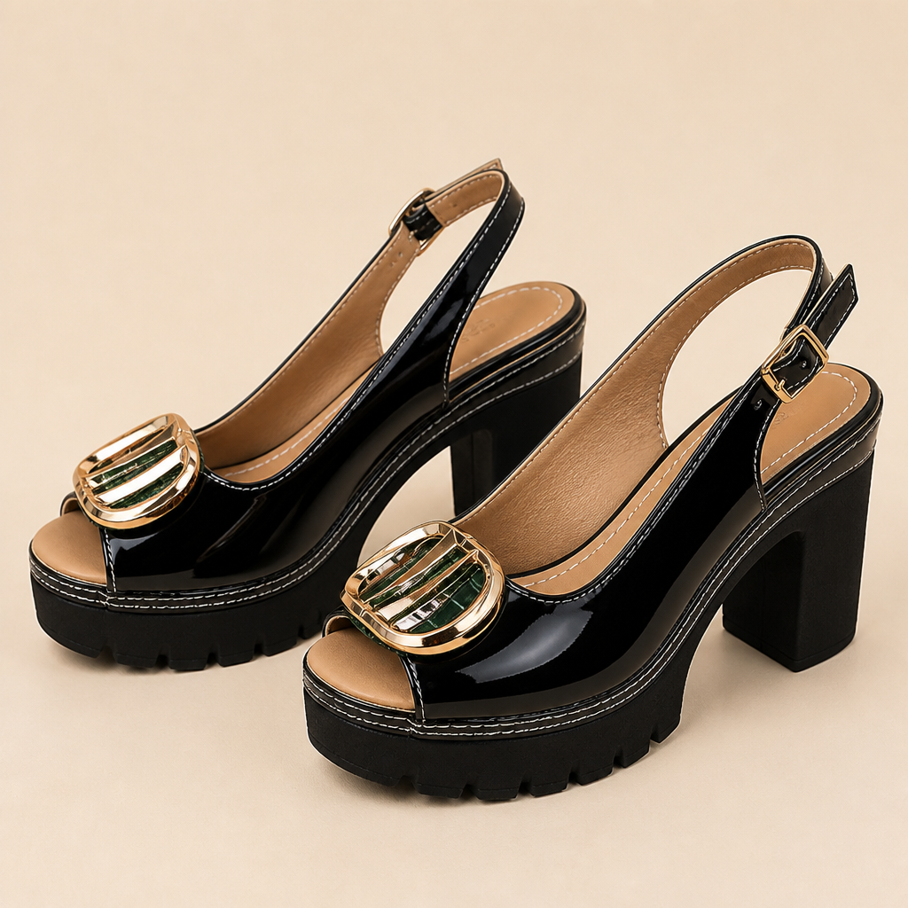 VivaStride™ – Patent Peep-Toe Block Heel Sandals with Statement Gold Buckle