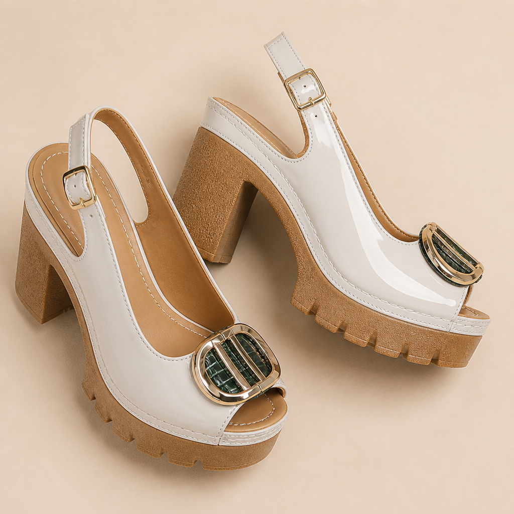 VivaStride™ – Patent Peep-Toe Block Heel Sandals with Statement Gold Buckle