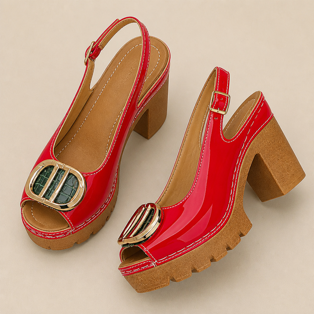 VivaStride™ – Patent Peep-Toe Block Heel Sandals with Statement Gold Buckle