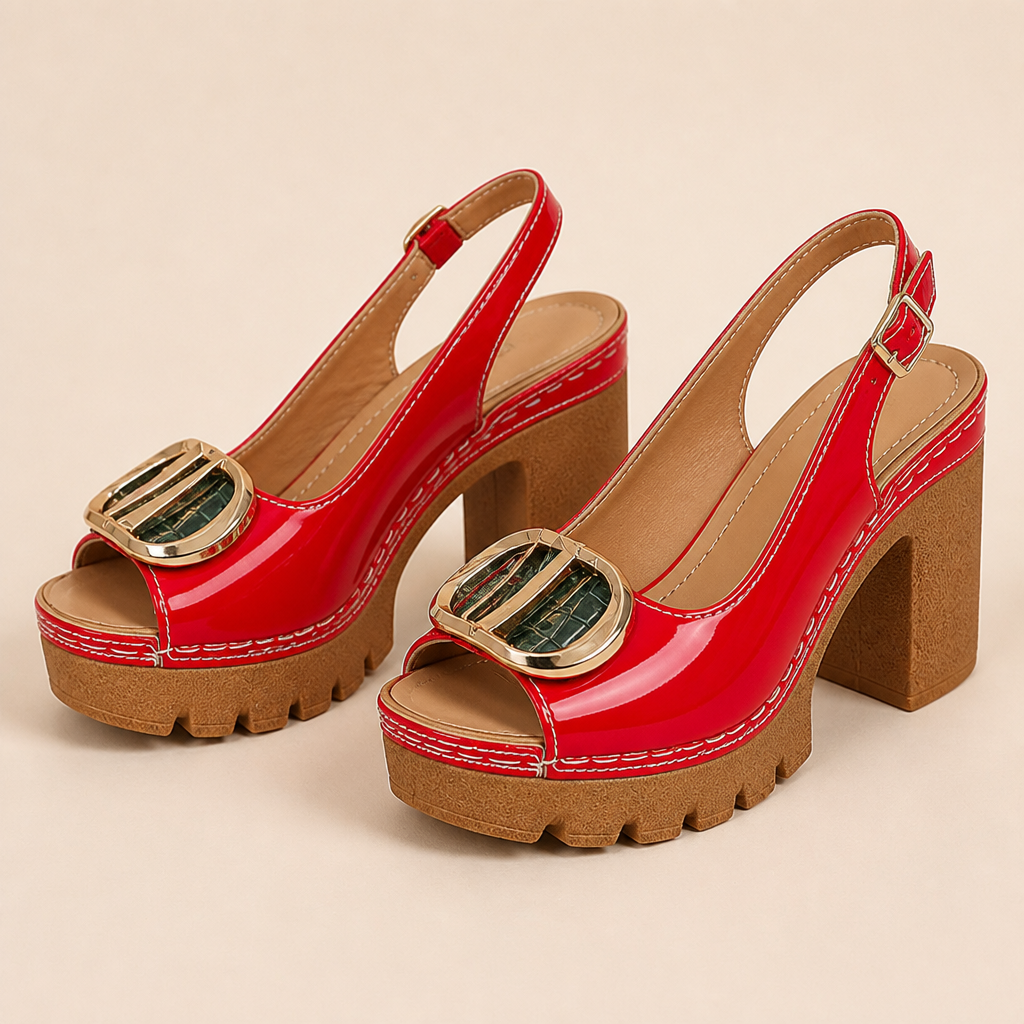 VivaStride™ – Patent Peep-Toe Block Heel Sandals with Statement Gold Buckle