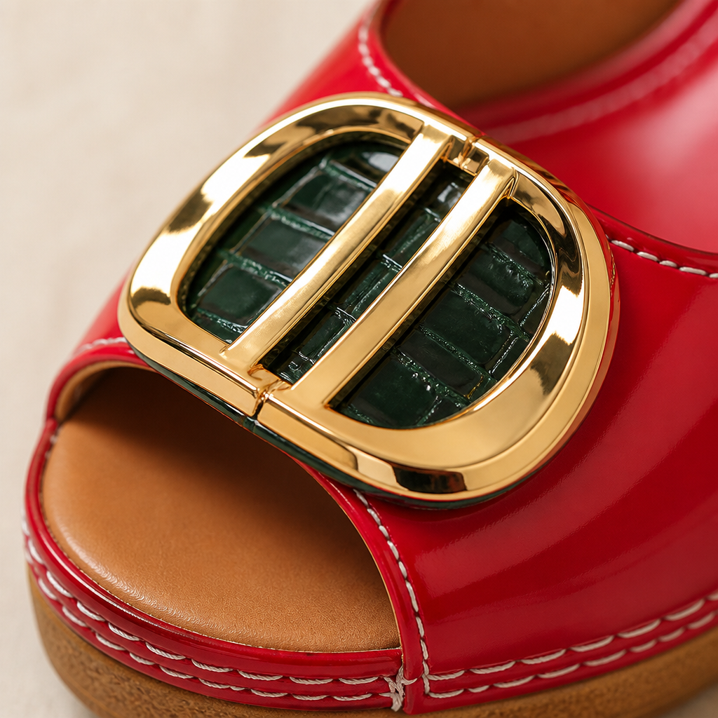 VivaStride™ – Patent Peep-Toe Block Heel Sandals with Statement Gold Buckle