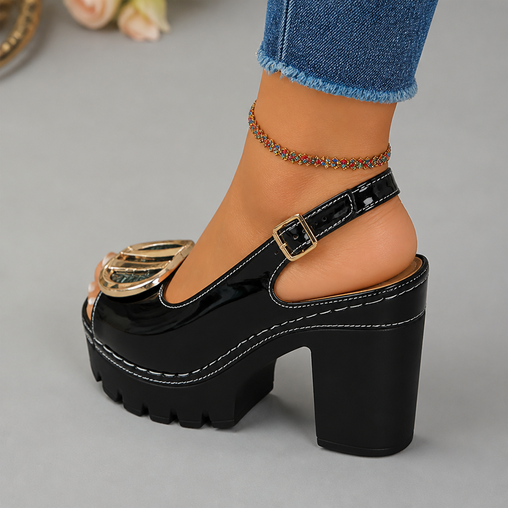 VivaStride™ – Patent Peep-Toe Block Heel Sandals with Statement Gold Buckle
