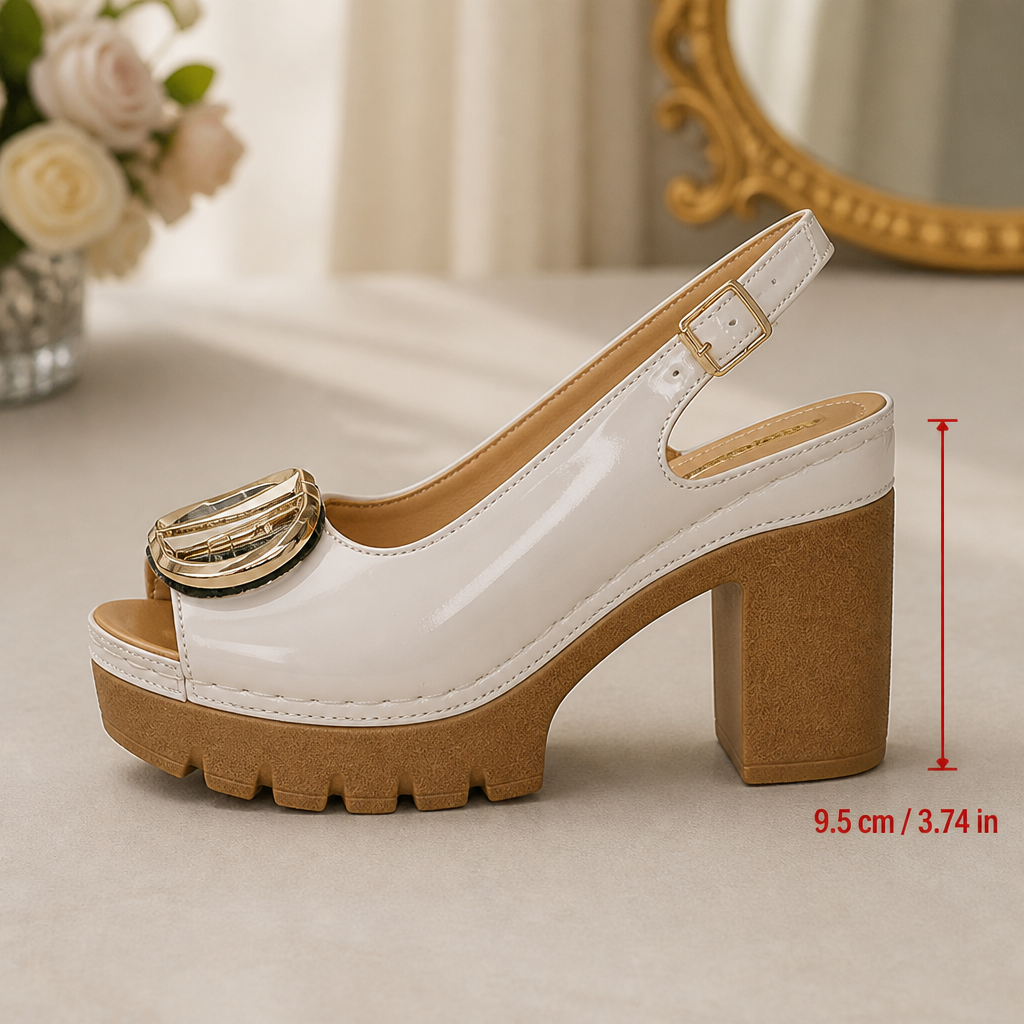 VivaStride™ – Patent Peep-Toe Block Heel Sandals with Statement Gold Buckle