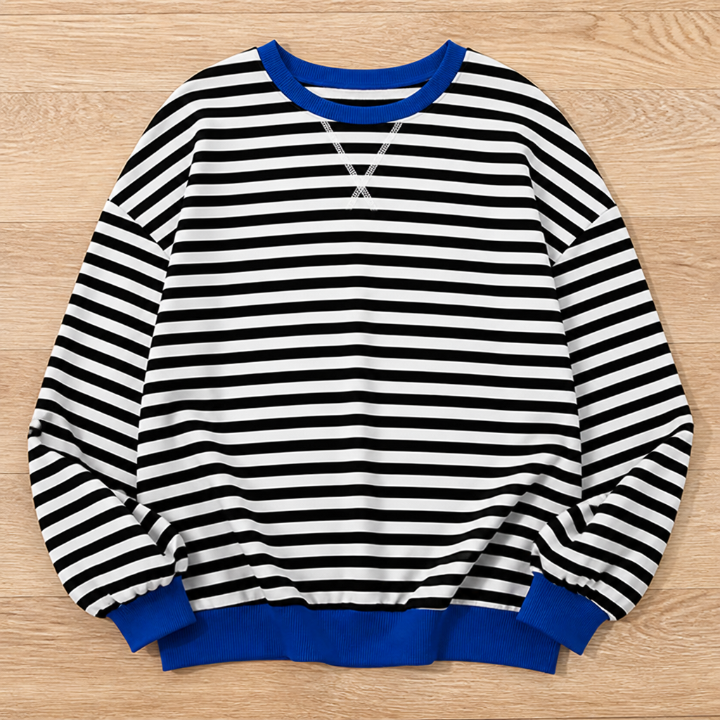 VeroLuxe™ – Relaxed Striped Crewneck Sweatshirt with Contrast Trim
