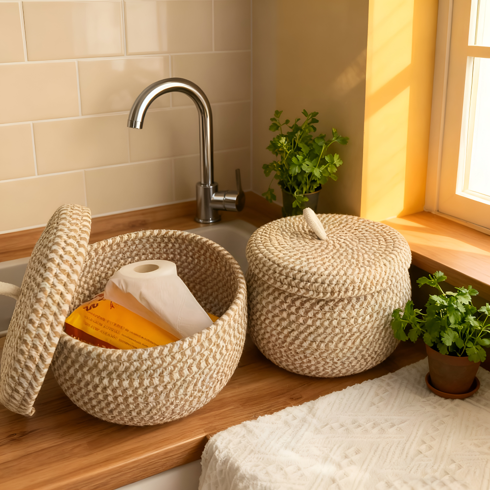 Handwoven Storage Basket | Round Woven Basket | Boho Style | CasaWeave