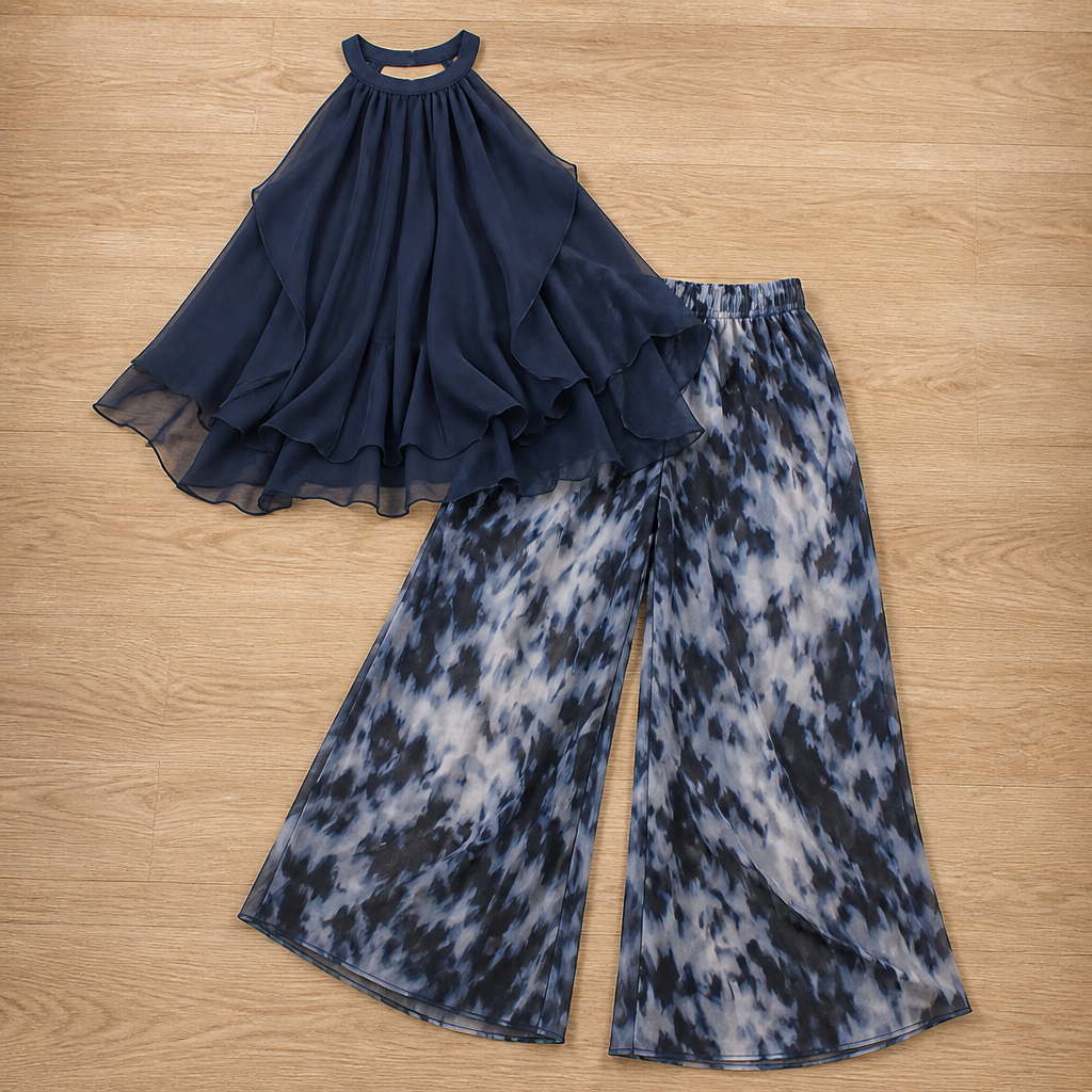 SolaraBreeze™ – Flowy Halter Ruffle Top & Wide-Leg Tie-Dye Pants Set