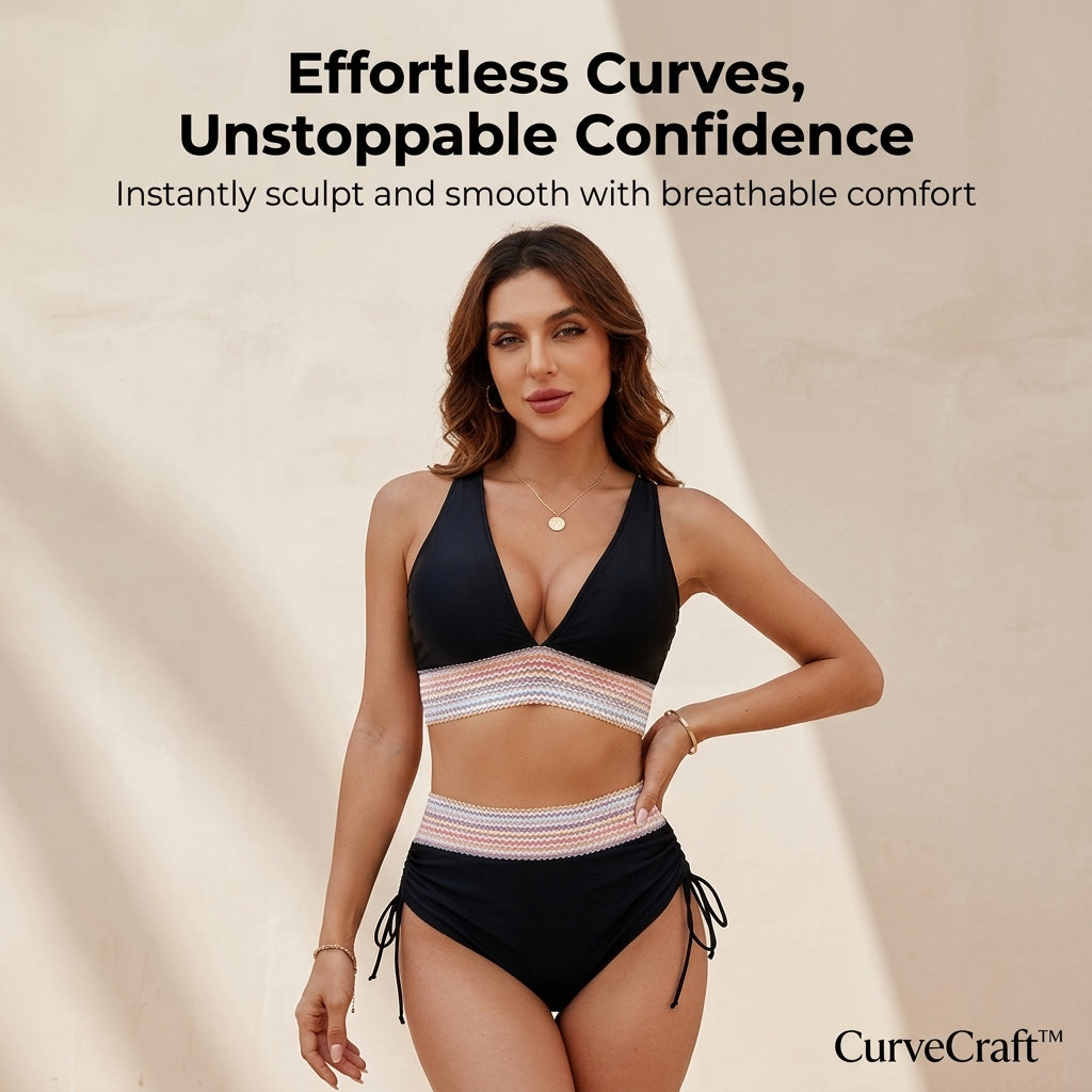 CurveCraft™ – High-Waist Tummy-Smoothing Bikini Set with Ruched Drawstring Bottom