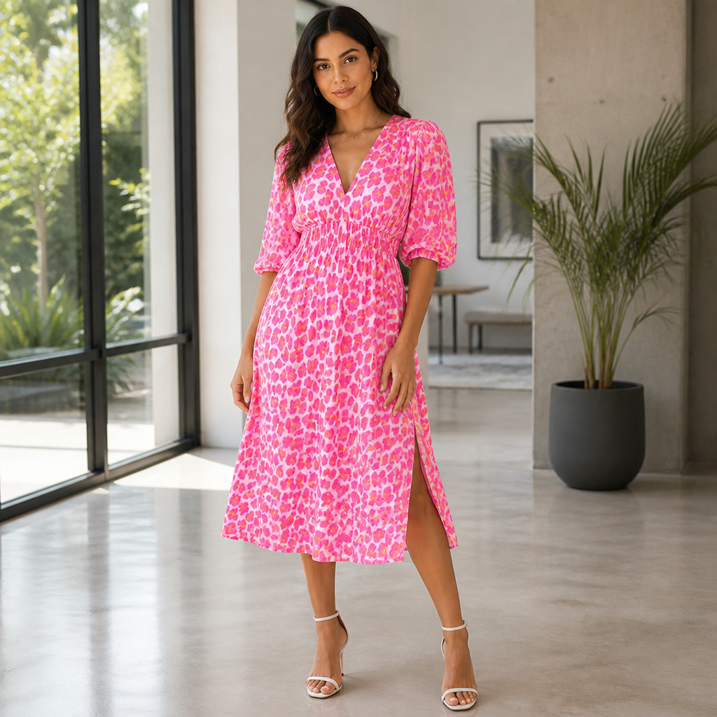 LuminaCharm™ Women’s V-Neck Printed Dress — Slip Into Confidence and Color That Celebrates Every Curve
