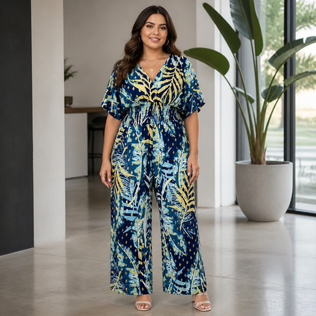 SolaraSilk™ Plus Size Leaf Print Bodysuit — Embrace Every Curve with Breathable, All-Day Confidence