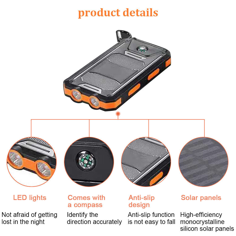 Solar Charger 10,000mAh with Dual USB Ports and LED Light