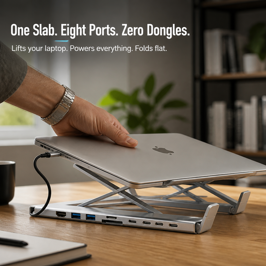 PowerPort Pro™ — Lift Your Laptop, Power 8 Devices, Fold Flat for Your Bag