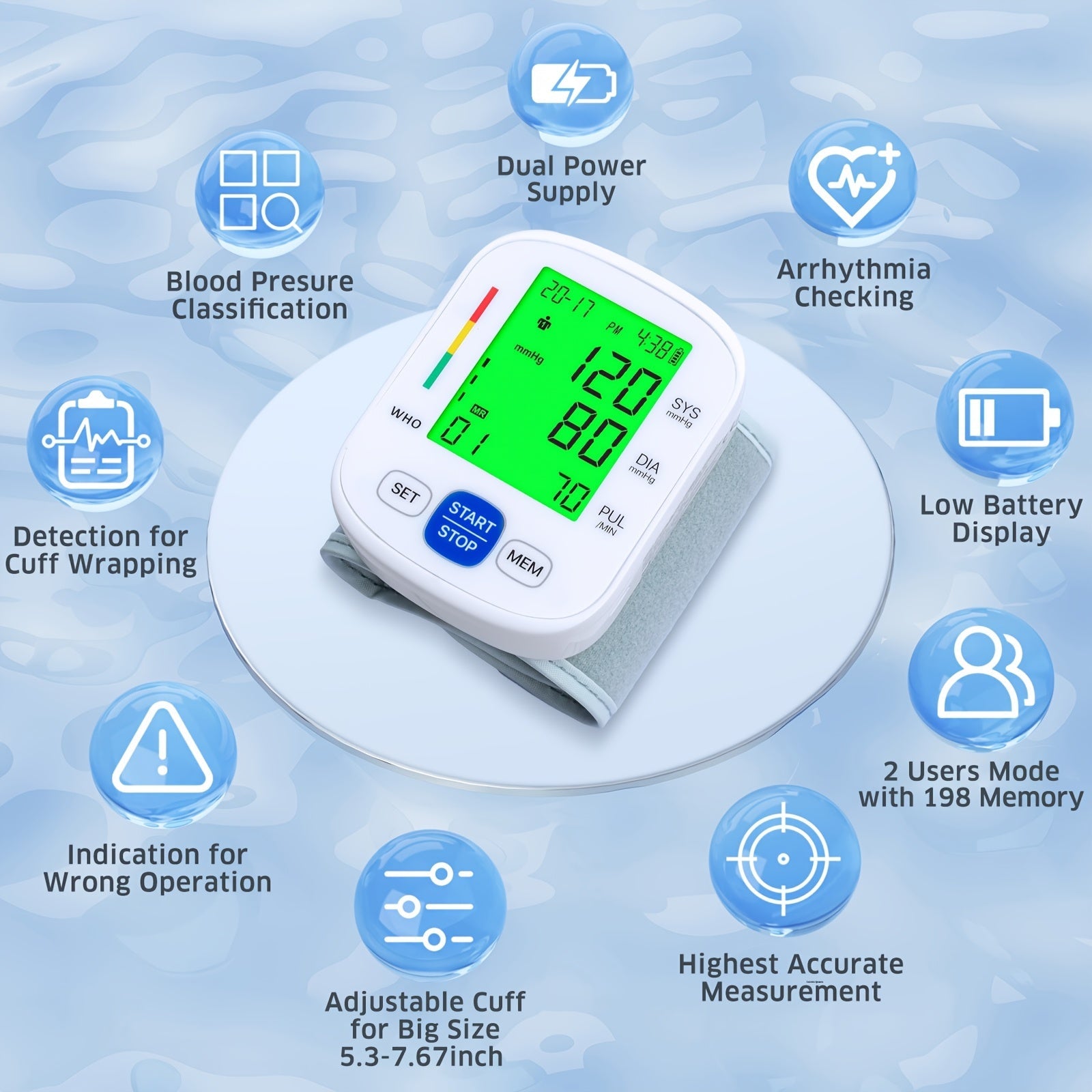 Wrist Blood Pressure Monitor with Illuminated Display
