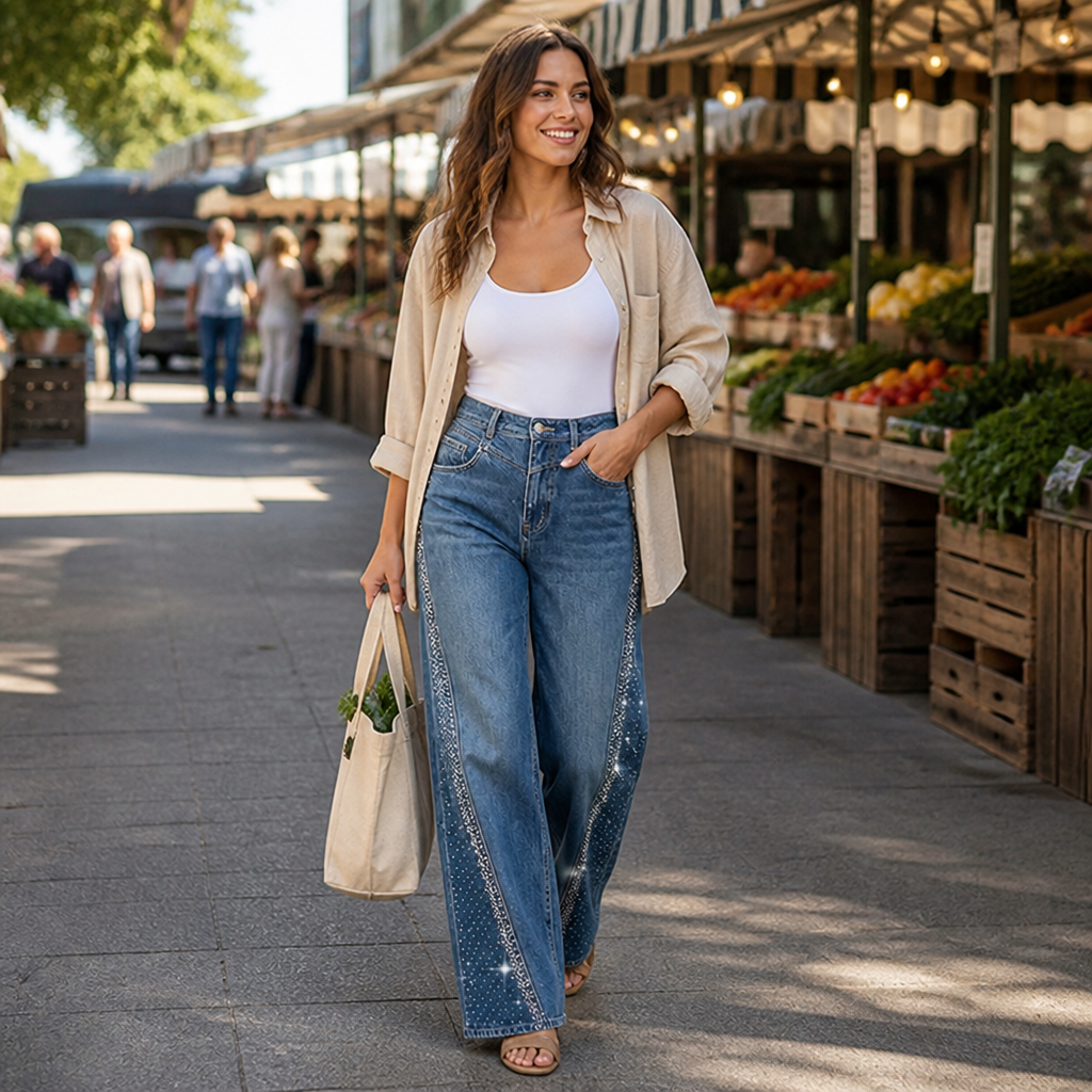LumiVerve™ Wide-Leg Rhinestone Jeans — Flaunt Your Curves with Effortless Comfort and Sparkling Confidence