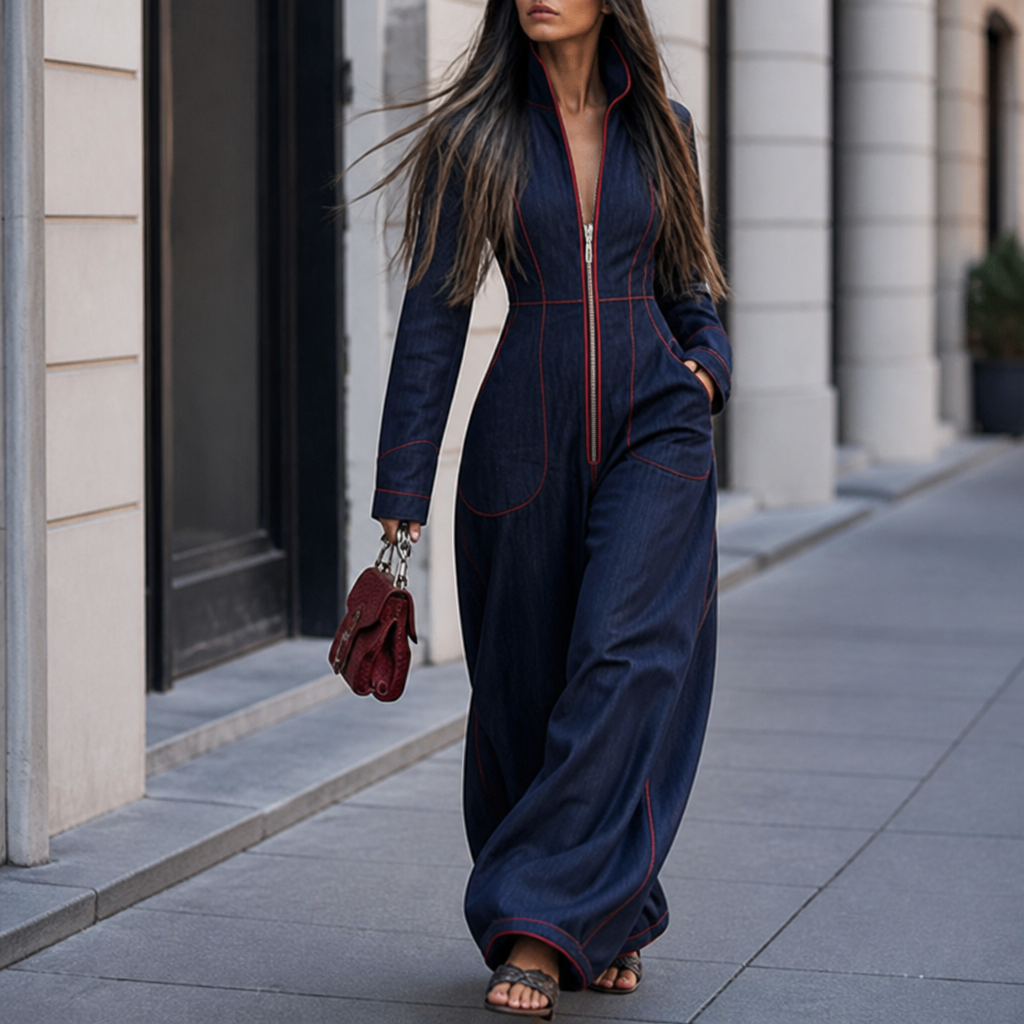Velozia™ – Waist-Sculpting Wide-Leg Denim Jumpsuit with Zip Front