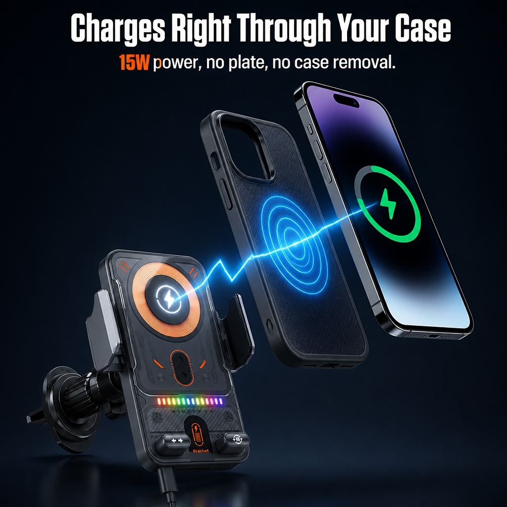 ChargeCruze™ — Grip, Charge & Drive Hands-Free with 15W Auto-Clamp Power