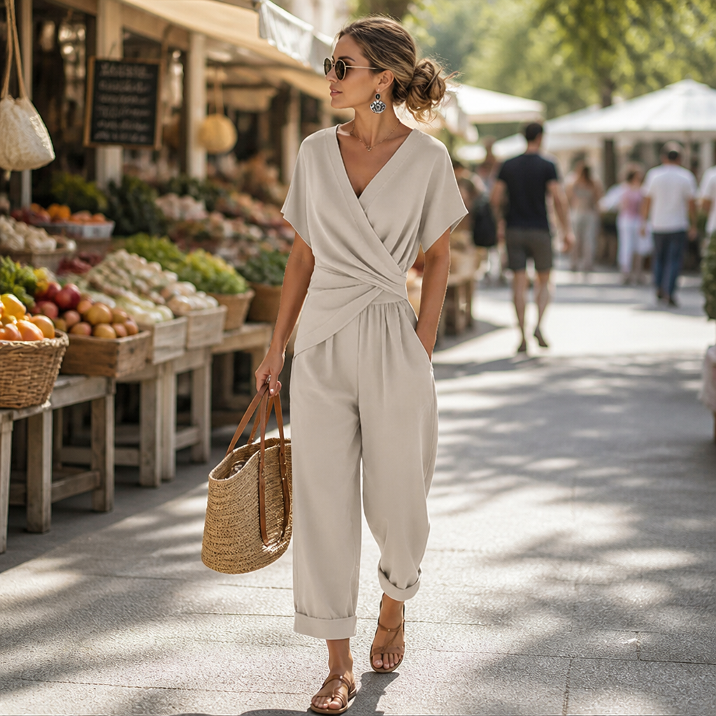 SolaraLuxe™ – Wrap-Front Wide-Leg Jumpsuit with Twist Waist