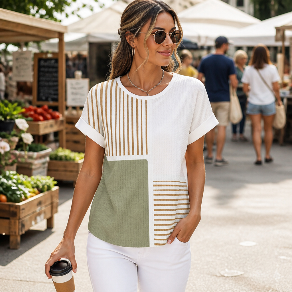 RadianceStripe™ – Relaxed Color-Block Tee with Striped Waffle Texture